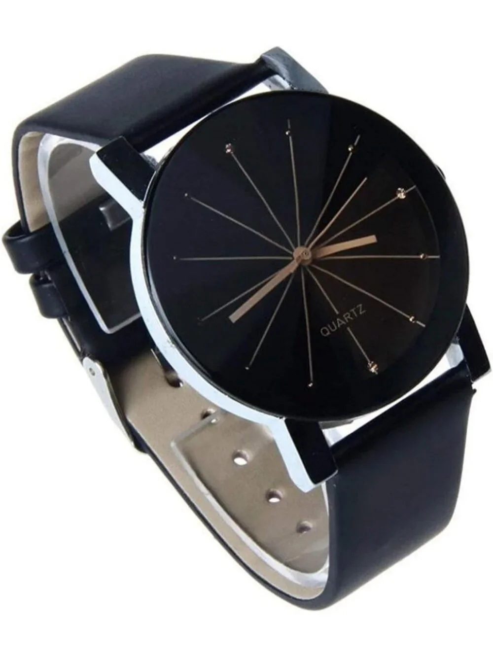 Men All Black Analog Quartz Simple Solid Leather Band Casual Classic Wrist Watch